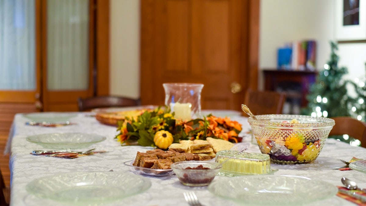 Brunch with crystal plates at a home.